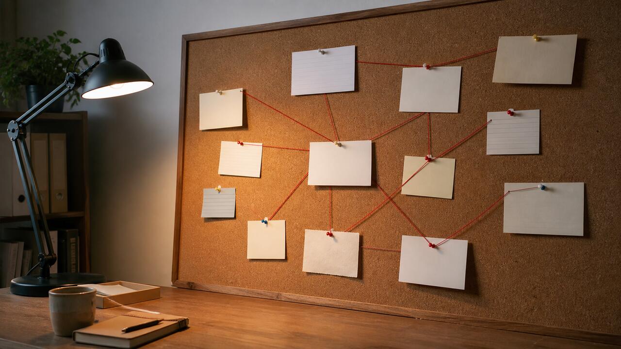 Un mur de liège couvert de fiches cartonnées reliées entre elles par de la ficelle rouge tendue entre des punaises, dans un bureau éclairé par une lampe articulée