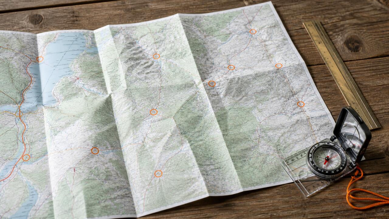 Une carte routière dépliée sur une table en bois, plusieurs communes entourées au feutre orange, une règle et une boussole de randonnée posées dessus