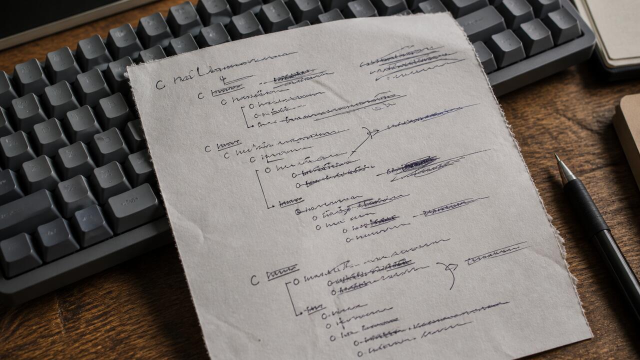 Une feuille de brouillon couverte d'un plan en trois niveaux écrit au stylo bille, avec des ratures et des accolades, posée sur un clavier mécanique gris