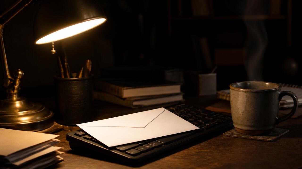 Une enveloppe blanche posée sur un clavier d'ordinateur à côté d'une tasse de café fumante, éclairée par une lampe de bureau en laiton dans une pièce sombre