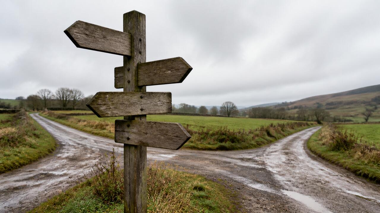 Des panneaux directionnels en bois superposés à un carrefour de campagne, indiquant plusieurs villages dans des directions différentes