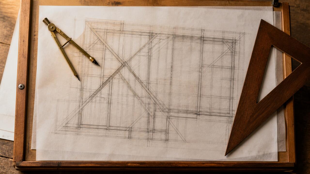 Un plan de charpente dessiné au crayon sur papier calque, posé sur une planche à dessin avec une équerre et un compas en laiton