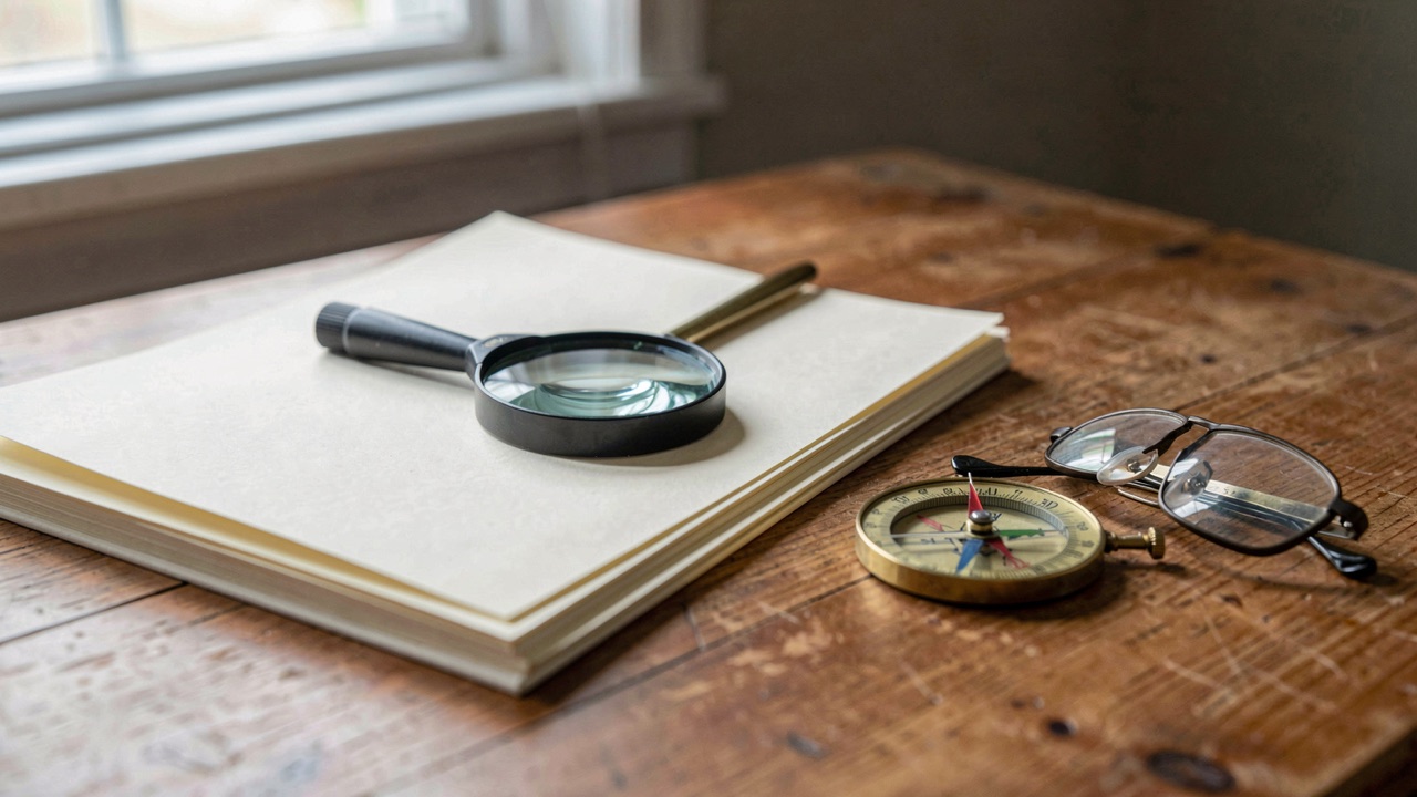 Une loupe de lecture posée sur une pile de feuilles crème, à côté d'une boussole en laiton et de lunettes repliées, sur un bureau en chêne éclairé par une fenêtre latérale