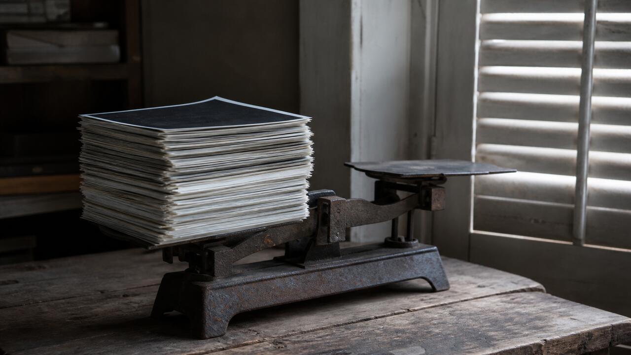Une balance de laboratoire en fonte chargée d'une pile de tirages photographiques, dans un atelier aux volets mi-clos et à la lumière grise