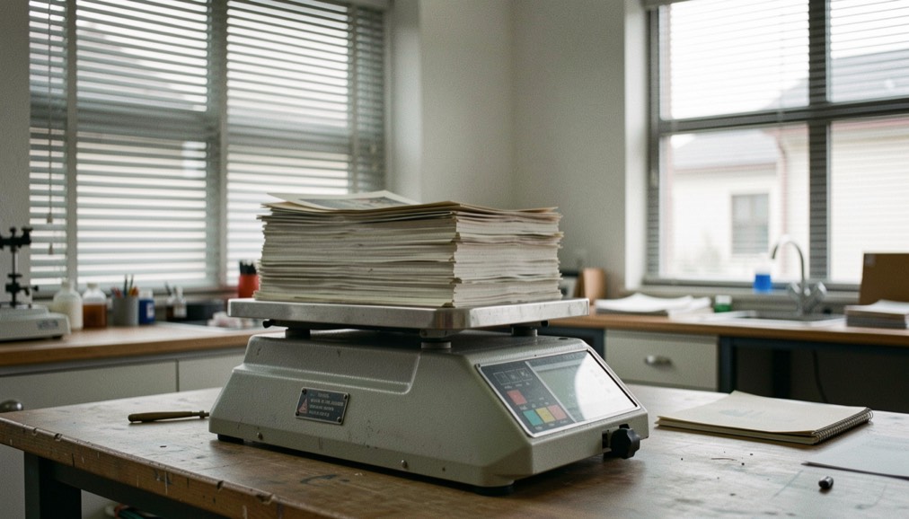 Une balance de laboratoire en fonte chargée d'une pile de tirages photographiques, dans un atelier aux volets mi-clos et à la lumière grise
