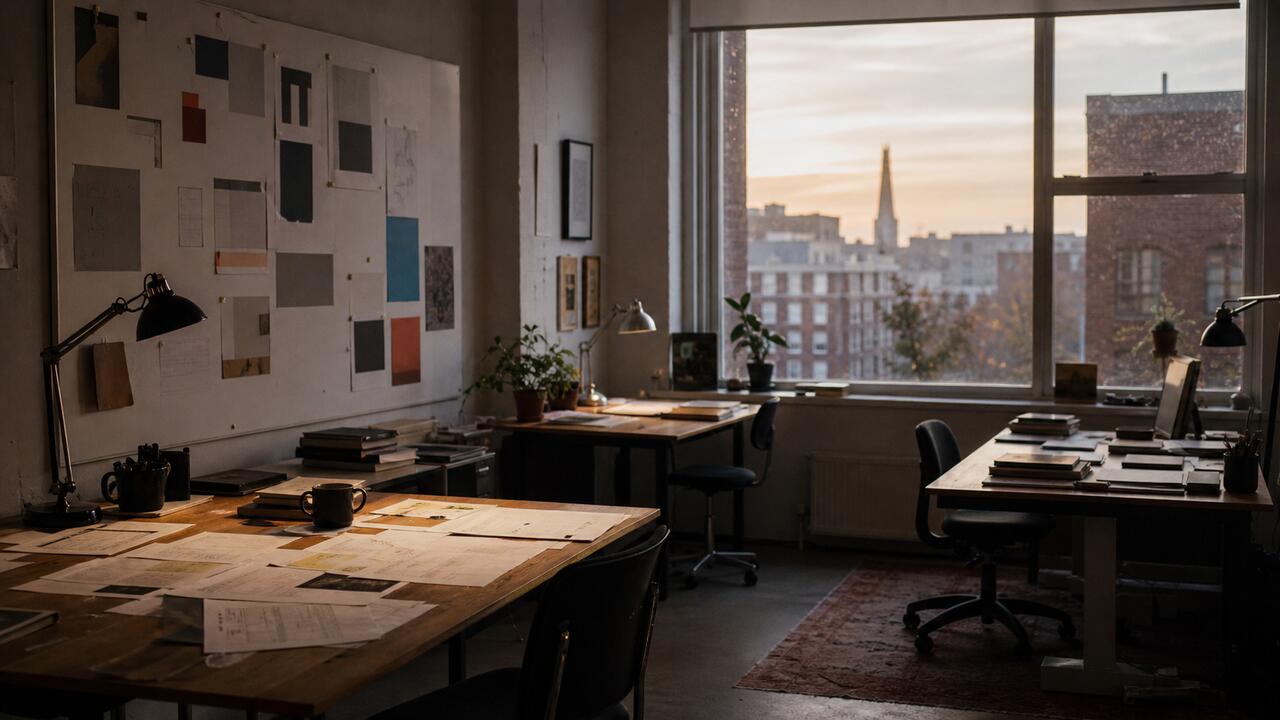 Une salle de rédaction calme en fin de journée, trois bureaux alignés couverts de dossiers annotés, un tableau blanc rempli de plannings et une fenêtre en arrière-plan
