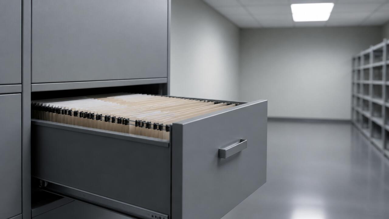 Un classeur à tiroirs métallique gris entrouvert dans un local d'archives, dossiers suspendus étiquetés à la main, éclairage de néon au plafond