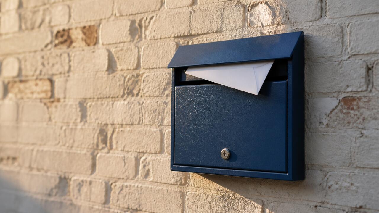 Une boîte aux lettres en métal peinte en bleu profond fixée sur un mur de briques claires, une enveloppe blanche dépassant de la fente, lumière de fin de journée