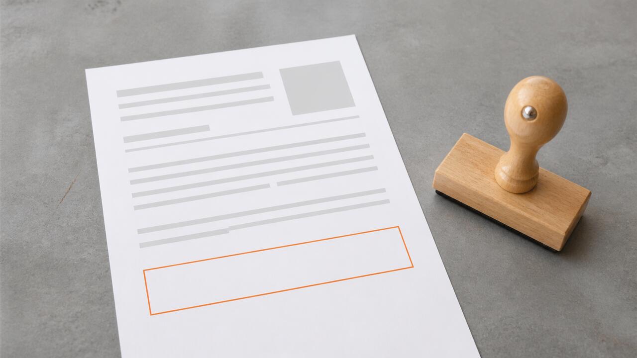 Un tampon encreur en bois posé à côté d'une feuille imprimée portant une mention encadrée à l'encre orange, sur un plan de travail en linoléum gris