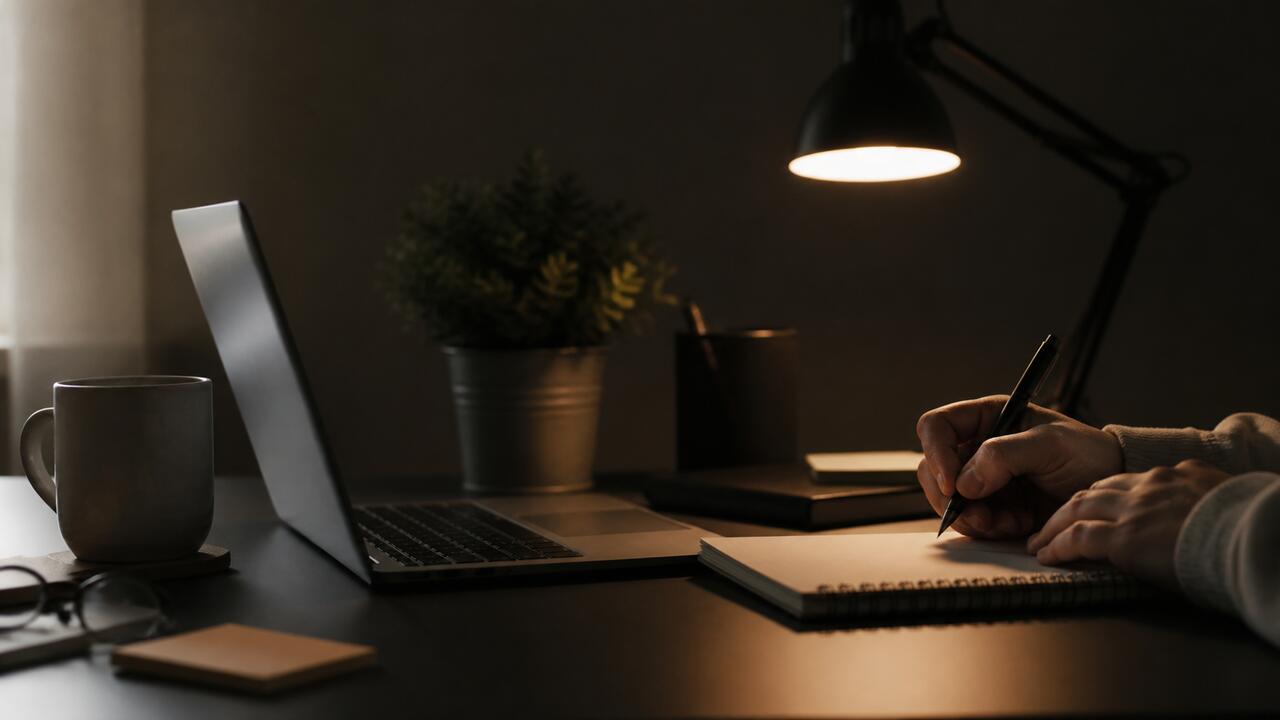 Deux mains posées sur un clavier d'ordinateur portable près d'un carnet à spirale, une lampe d'architecte allumée éclairant le plan de travail dans une pièce sombre.