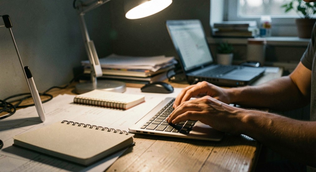 Deux mains posées sur un clavier d'ordinateur portable près d'un carnet à spirale, une lampe d'architecte allumée éclairant le plan de travail dans une pièce sombre.