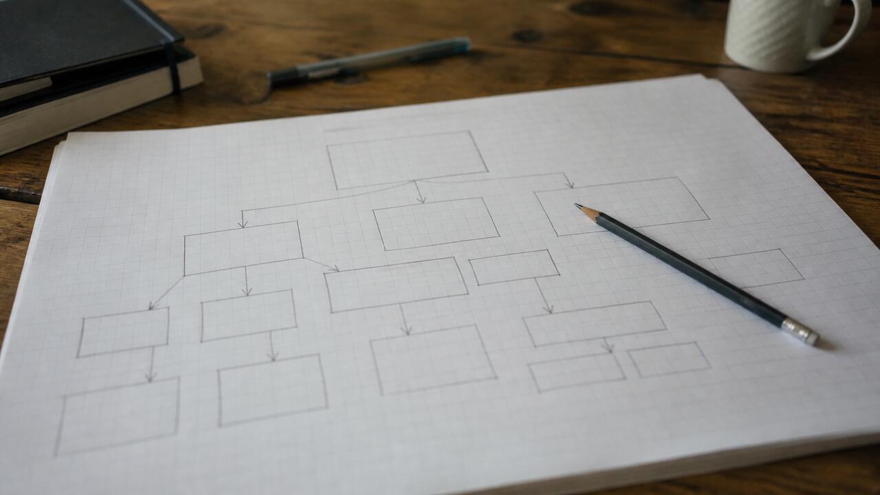 Une table d'atelier couverte de feuilles quadrillées où un plan de navigation est dessiné à la main, avec des rectangles reliés par des flèches et un crayon gris posé dessus.