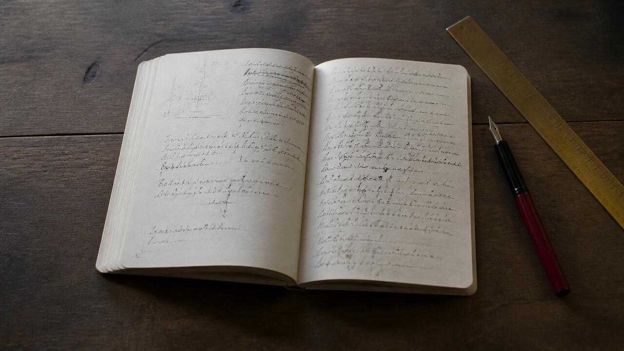 Un carnet à couverture souple ouvert sur une page de notes manuscrites datées, posé sur une table de bois sombre, avec un stylo plume et une règle graduée.