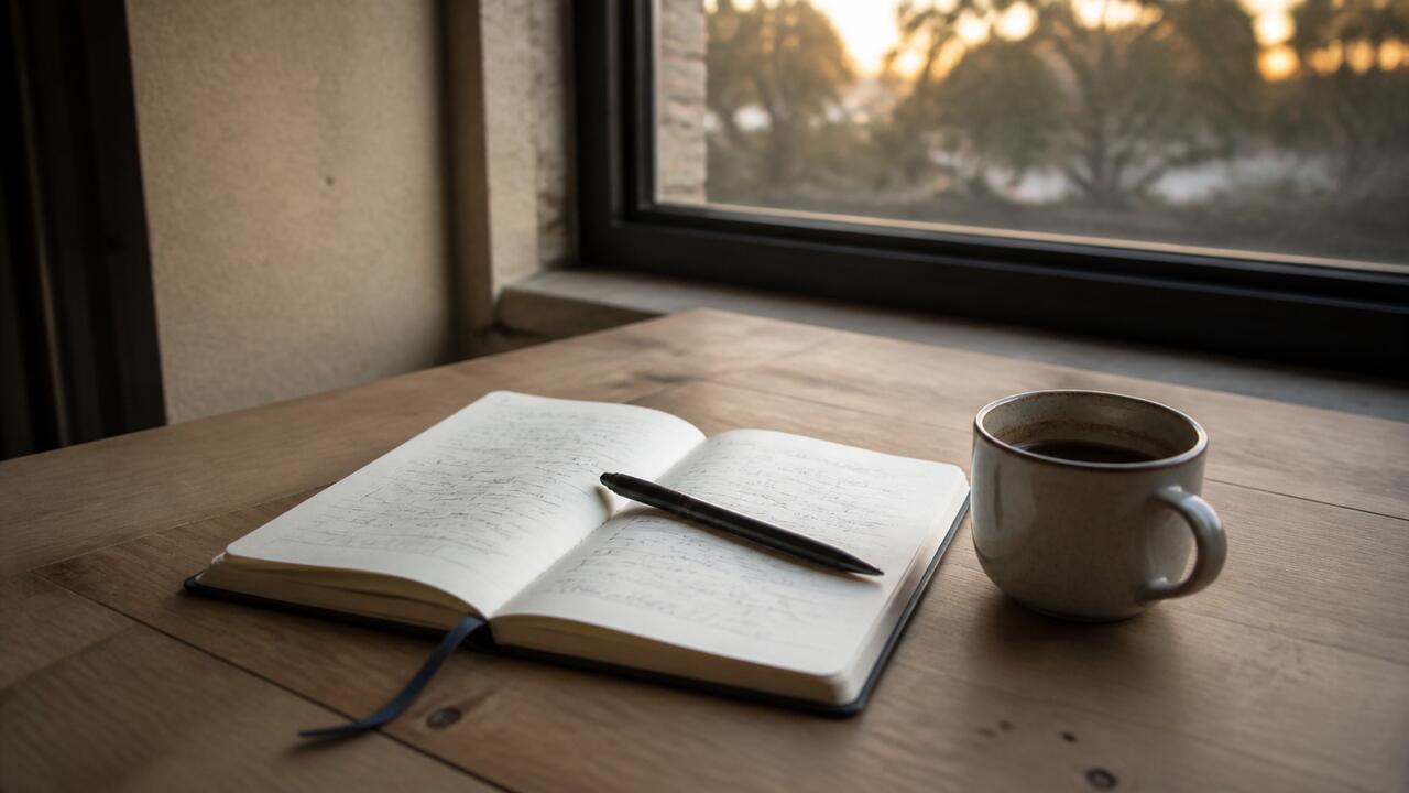 Un bureau en bois clair devant une fenêtre en fin de journée, un carnet ouvert couvert d'annotations manuscrites, un stylo posé en travers et une tasse de café à moitié vide.